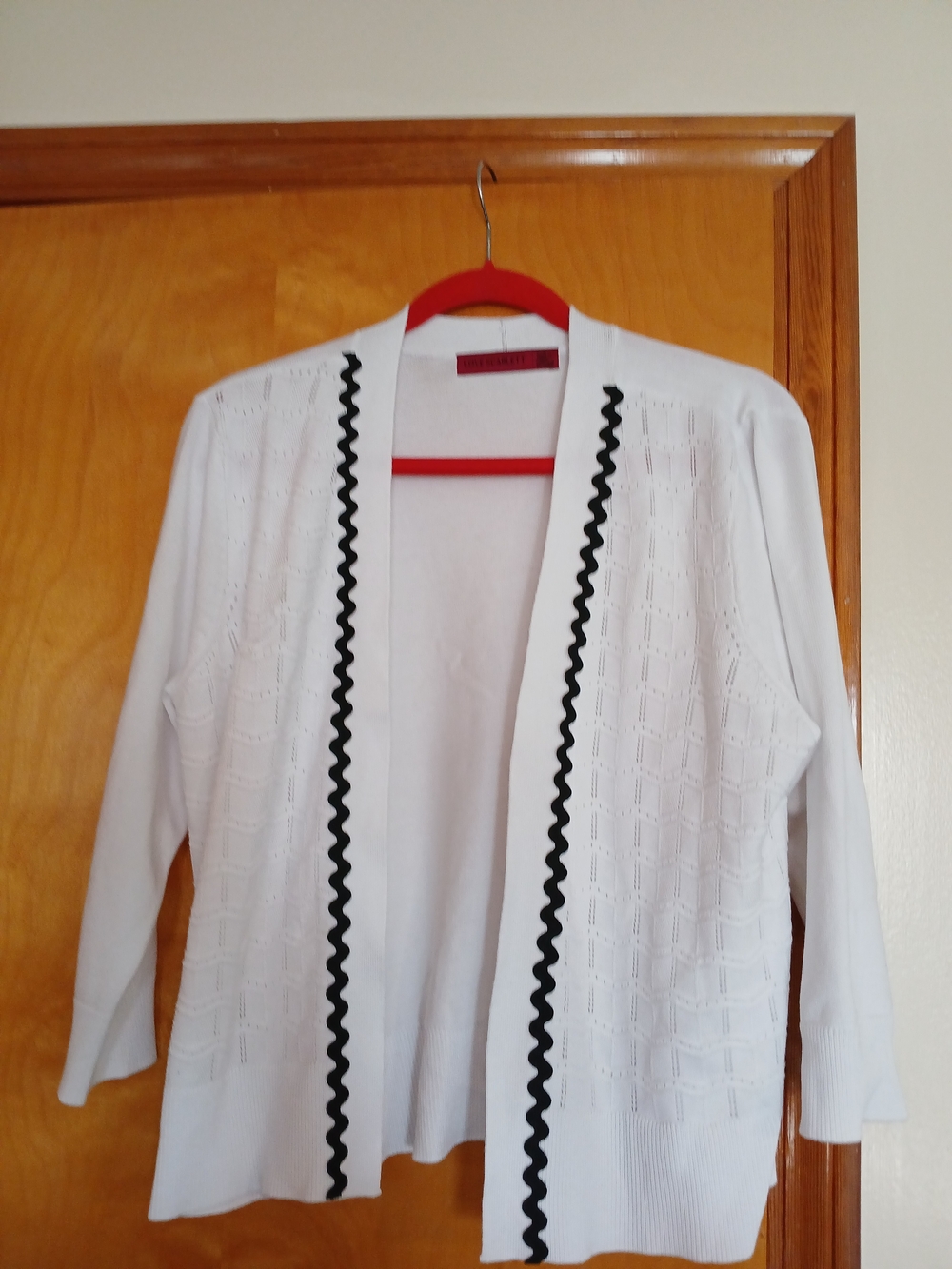 White Open Cardigan with Black Rickrack Trim